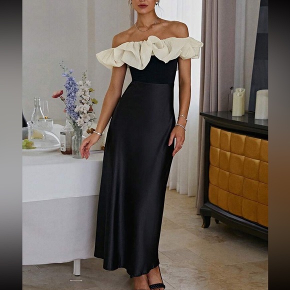 Off shoulder white ruffle black satin midi / maxi dress - Picture 4 of 4